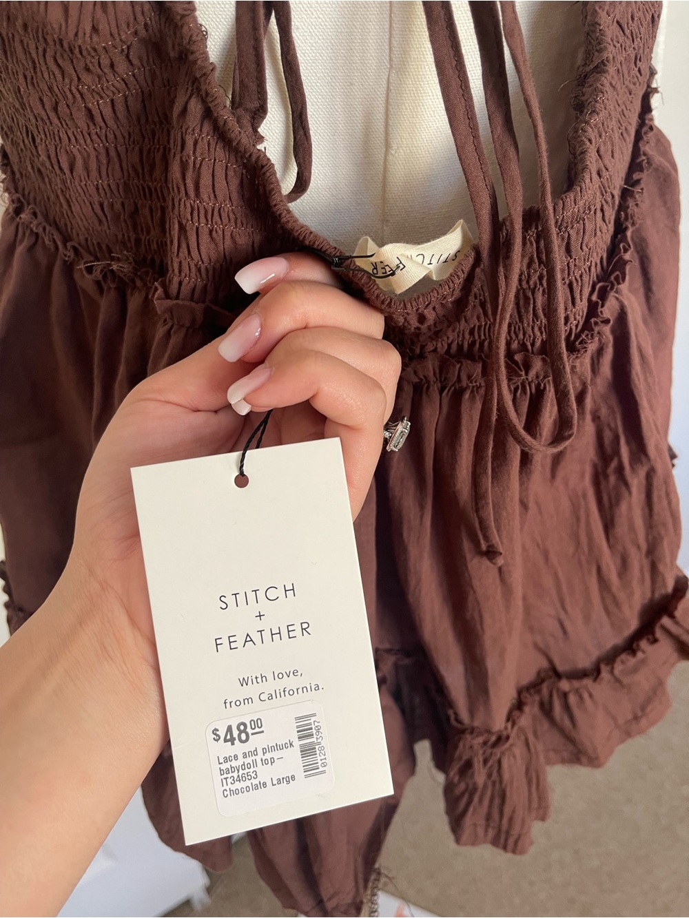 Women's Brown Ruffle V-Neck Peasant Blouse - Picture 5 of 5